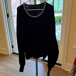 Eloquii Black Crewneck Sweater with Pearl Trim